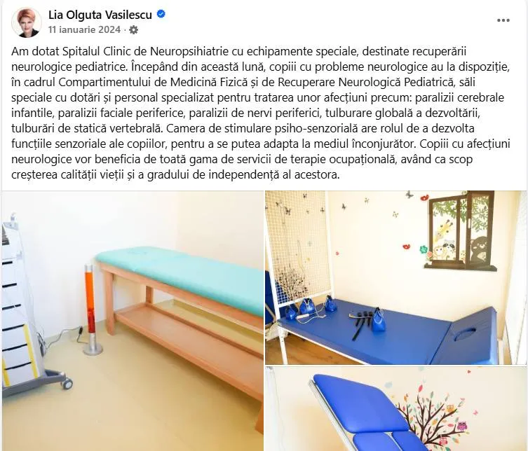 Foto Compartimentul Recuperare Neurologică Pediatrică din cadrul Spitalului de Neuropsihiatrie Craiova, anunțat cu fast de Olguța Vasilescu, se desființează  