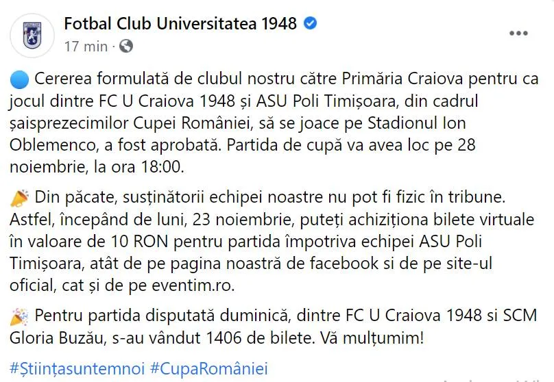 Foto FC Universitatea Craiova revine pe Oblemenco. Cererea alb-albaștrilor pentru meciul cu Poli a fost aprobată!