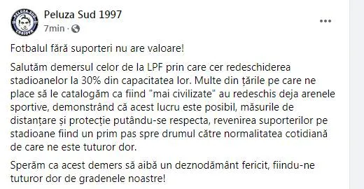 Foto Peluza Sud 97: „Fotbalul fără spectatori nu are valoare. Salutăm demersul LPF!