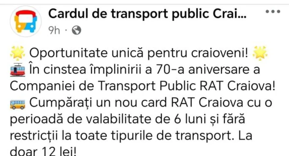 Foto RAT Craiova avertizează: Tentativă de înșelăciune în numele societății 