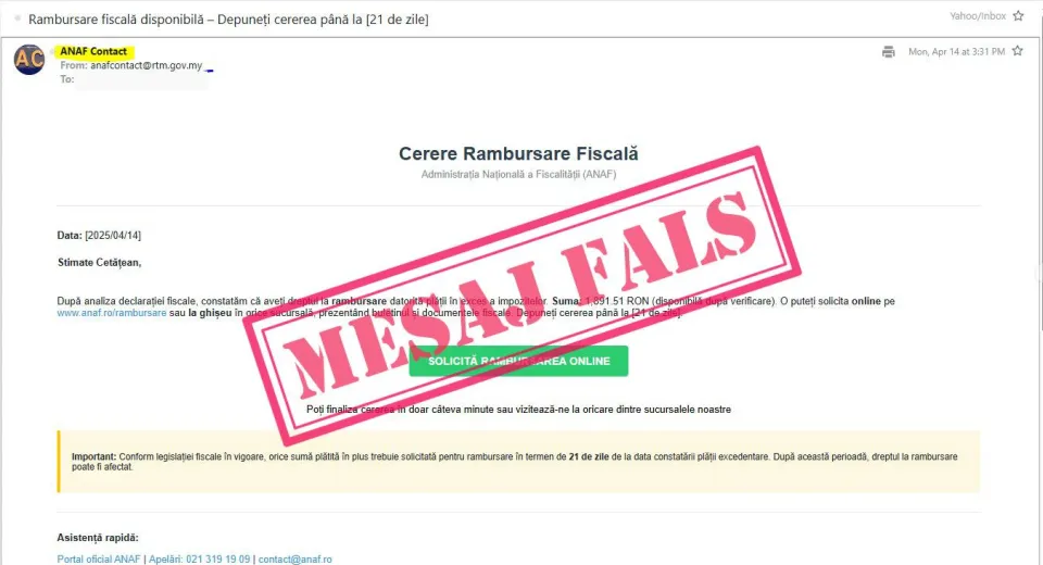 Foto Atenție la emailurile false trimise în numele ANAF!