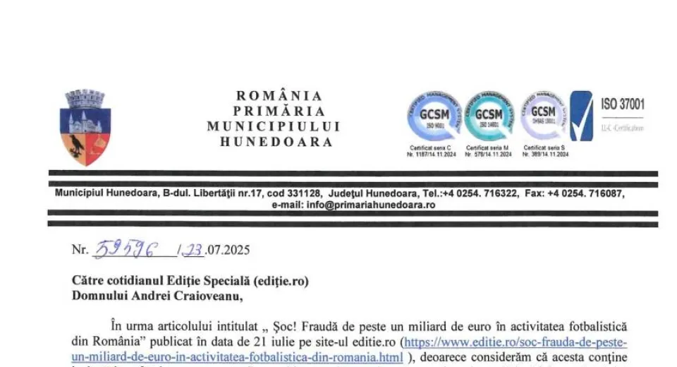 Foto DREPT LA REPLICĂ - Primăria Municipiului Hunedoara