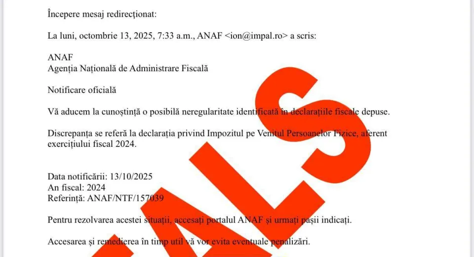 Foto Atenție! Tentativă de fraudă prin email, în numele ANAF