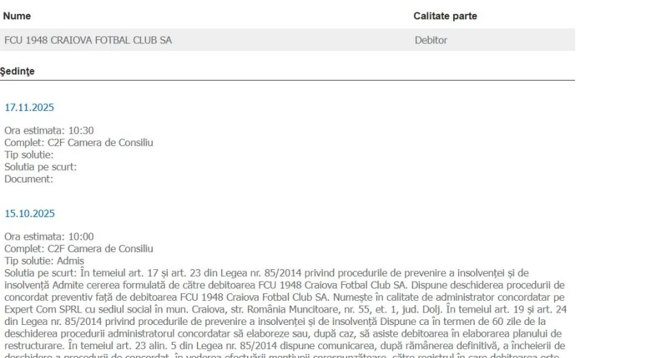 Foto FCU Craiova a intrat în concordat preventiv și nu mai poate fi dezafiliată de FRF
