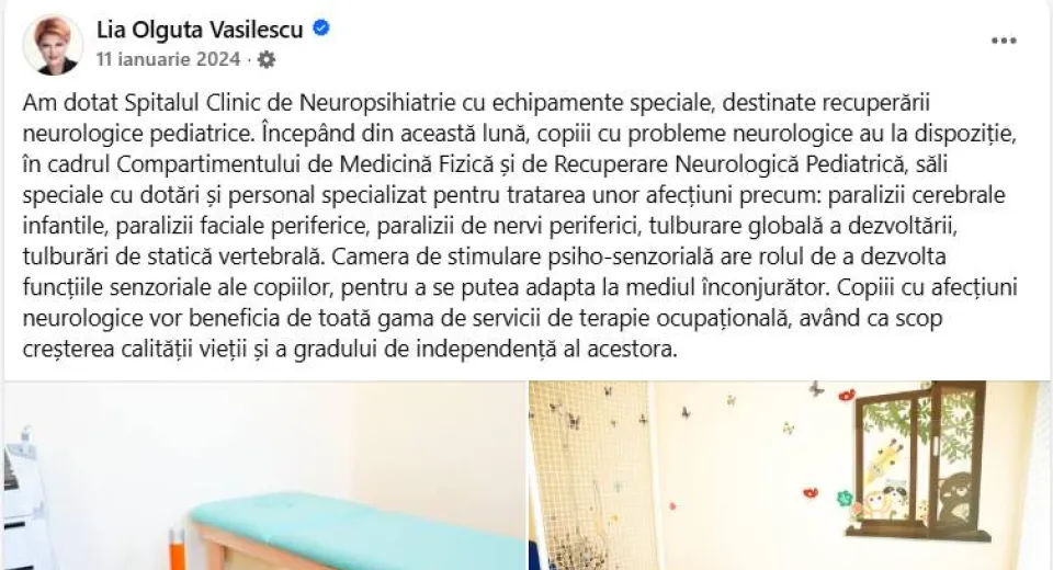 Foto Compartimentul Recuperare Neurologică Pediatrică din cadrul Spitalului de Neuropsihiatrie Craiova, anunțat cu fast de Olguța Vasilescu, se desființează  
