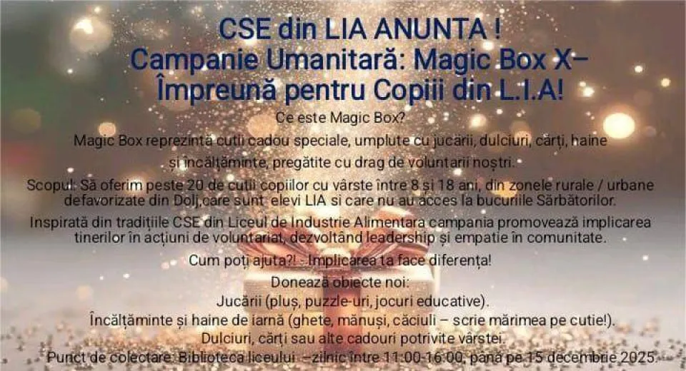 Foto Sprijin pentru elevii defavorizați, prin „Magic Box”, la Liceul de Industrie Alimentară