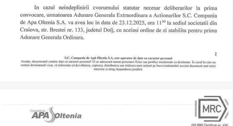 Foto Tarifele la apă și canalizare cresc în Craiova, iar conducerea Apă Oltenia propune prime de sărbători pentru angajați