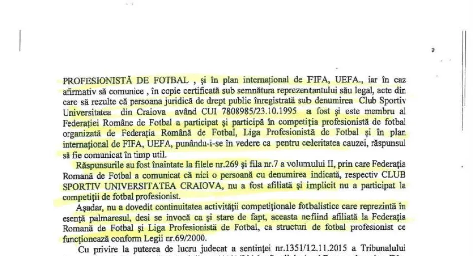 Foto Tribunalul Dolj: „Pârâta s-a aflat în posesia palmaresului. Club Sportiv Universitatea Craiova nu a fost afiliată și nu a participat la competiții de fotbal profesionist!