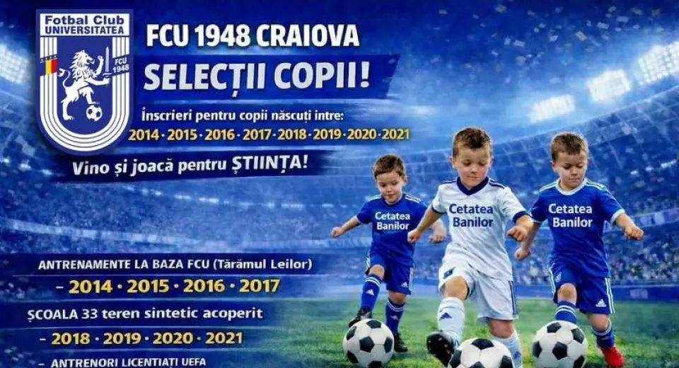 Foto FCU 1948 Craiova caută noi talente. Când vor avea loc selecțiile