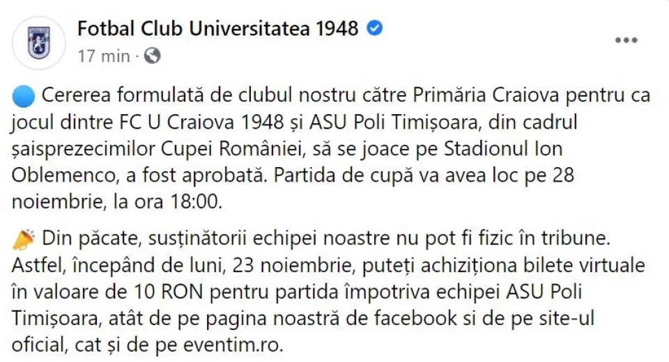 Foto FC Universitatea Craiova revine pe Oblemenco. Cererea alb-albaștrilor pentru meciul cu Poli a fost aprobată!