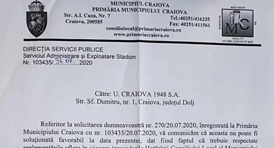 Foto DOCUMENT. FCU, interzisă din nou pe Oblemenco. Justificările Primăriei!