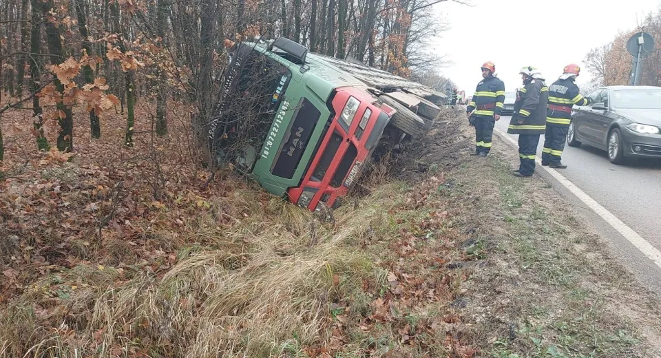 Foto TIR încărcat cu porci, răsturnat pe o șosea din Olt 