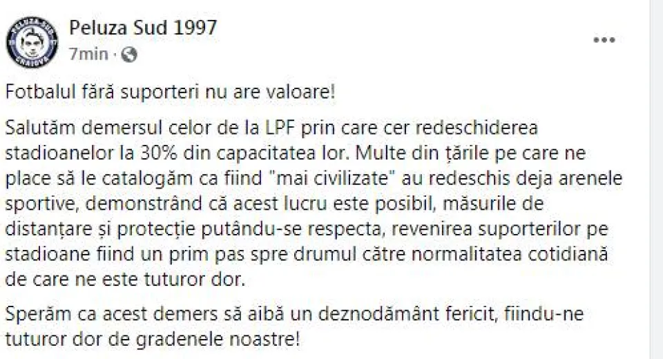 Foto Peluza Sud 97: „Fotbalul fără spectatori nu are valoare. Salutăm demersul LPF!