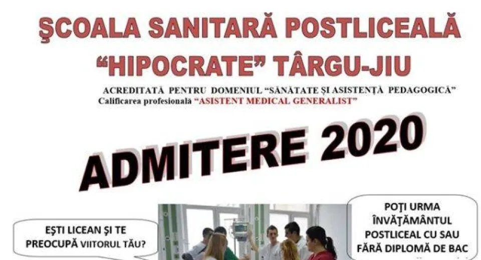 Foto Înscrieri pentru admitere la Şcoala Sanitară Postliceală „HIPOCRATE” din Târgu Jiu